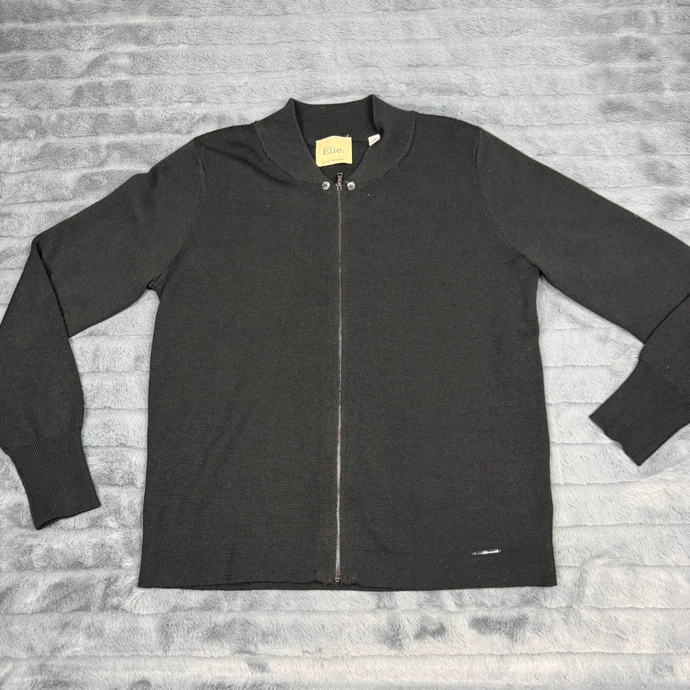 Elie Elie Tahari Womens Black Wool Blend Full Zip Mock Neck Cardigan Sweater S